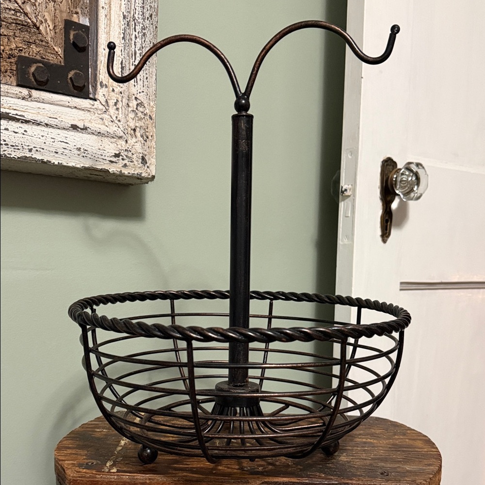 Rustic Twisted Metal Fruit Basket Stand w/ Banana Hanger - Brown/Copper
